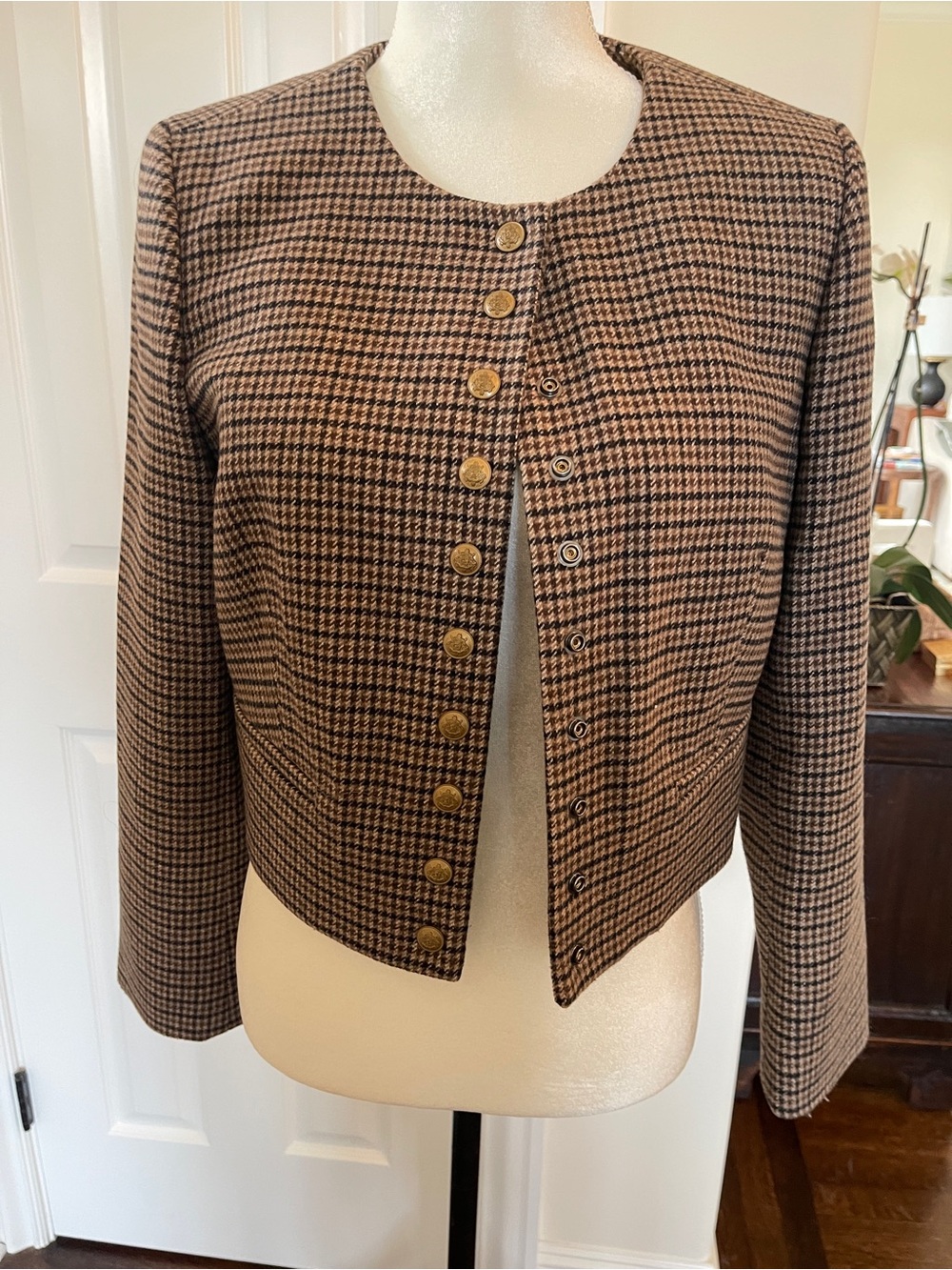 J. Crew Brown Houndstooth Cropped Blazer